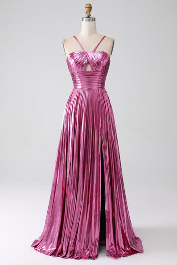 Fuchsia A-Line Spaghetti Straps Pleated Metallic Prom Dress with Slit